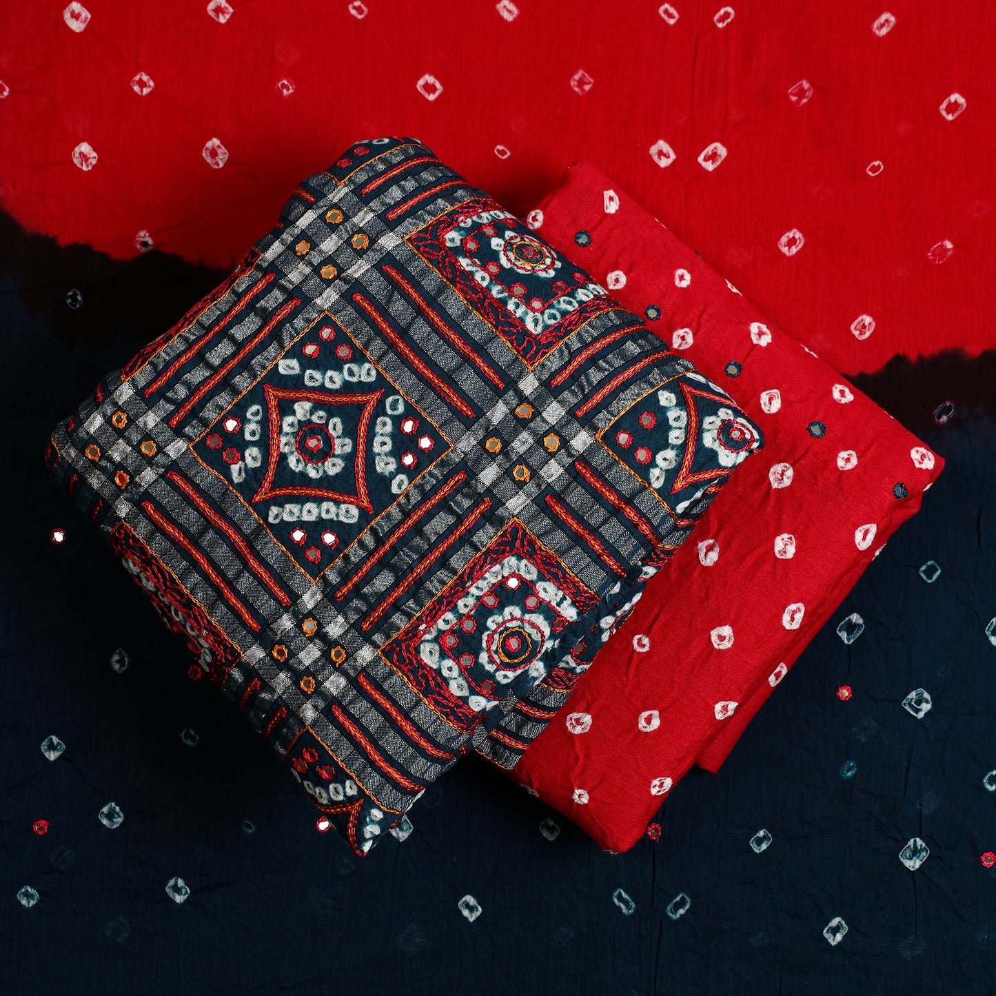 3pc Blue Kutch Cotton Sequins Work Bandhani Dress Material