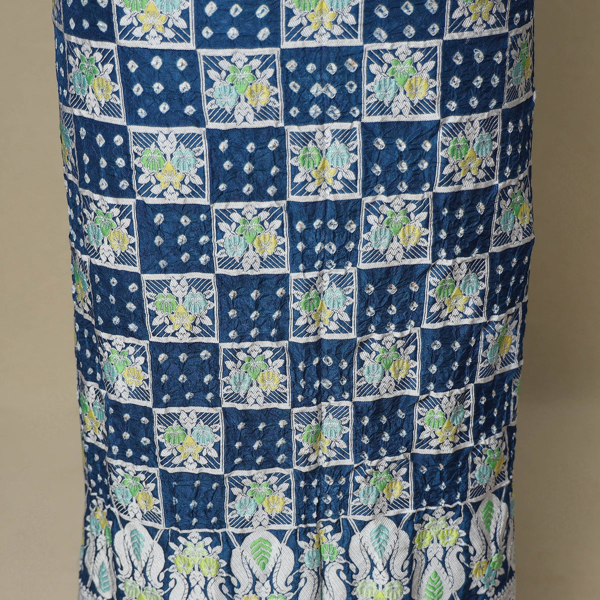 Blue - 3pc kutch tie-dye dupion silk unstitched bandhani