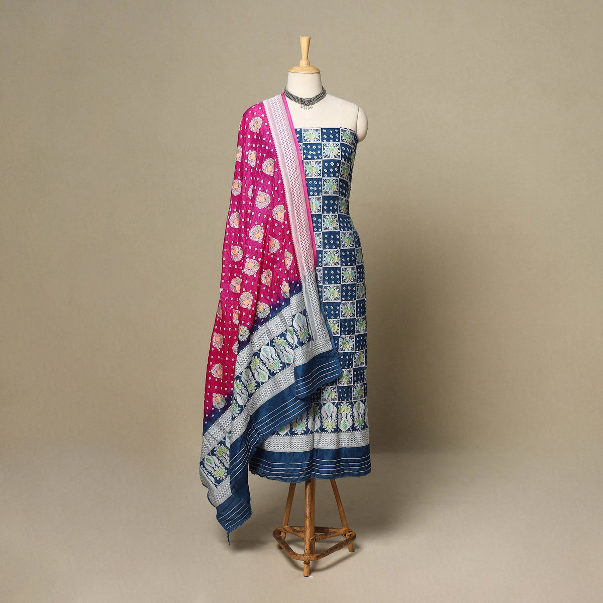 Blue - 3pc kutch tie-dye dupion silk unstitched bandhani