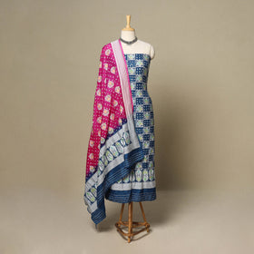 Blue - 3pc kutch tie-dye dupion silk unstitched bandhani