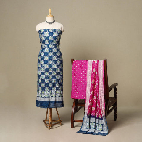 Blue - 3pc kutch tie-dye dupion silk unstitched bandhani