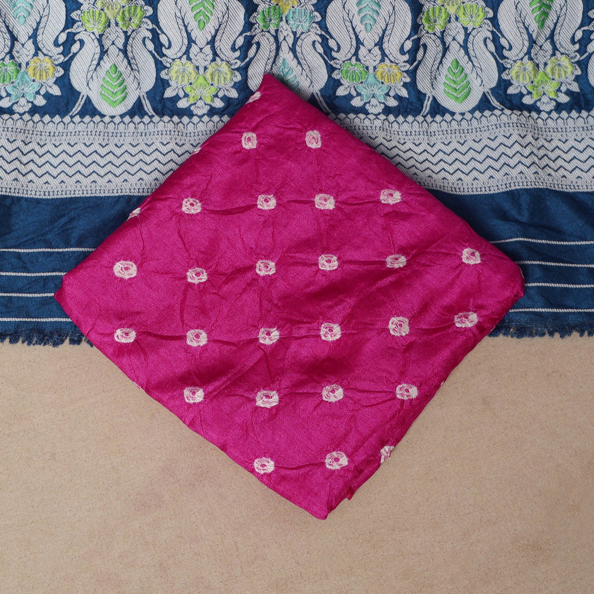 Blue - 3pc kutch tie-dye dupion silk unstitched bandhani