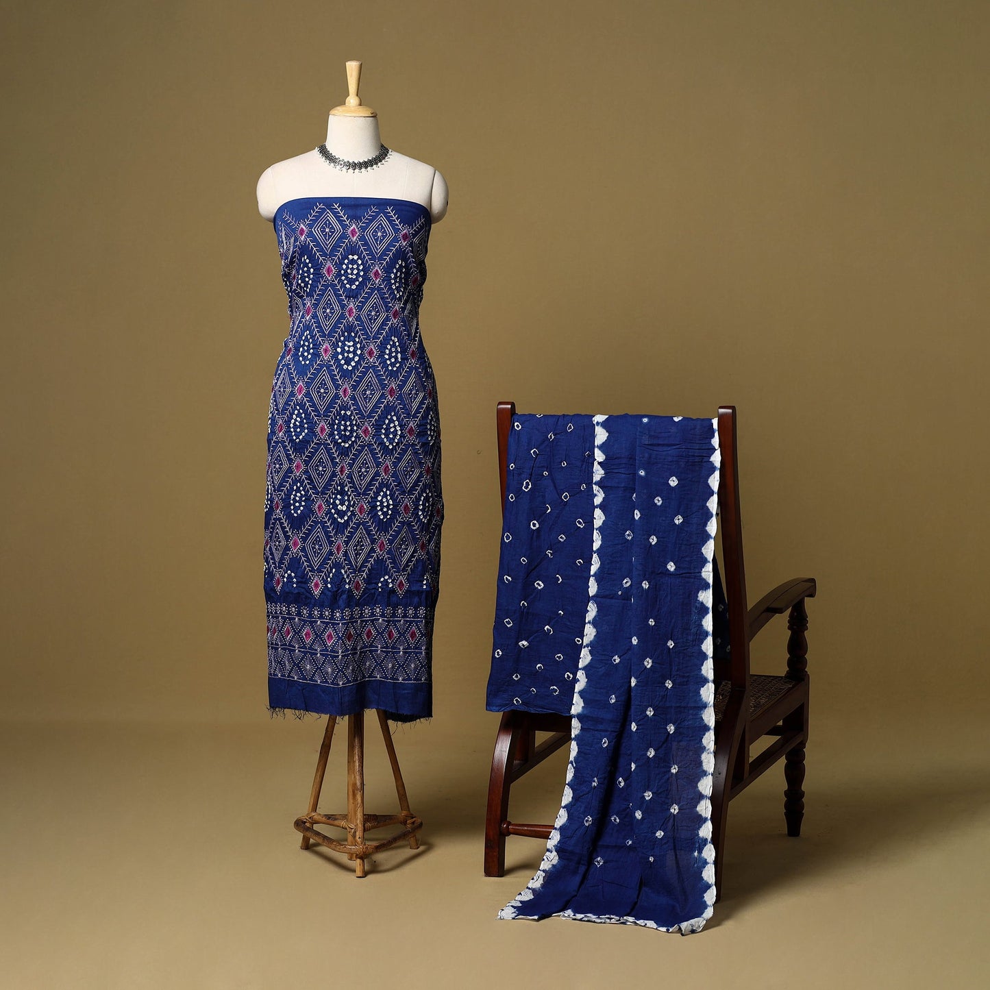 Blue - 3pc kutch tie-dye satin cotton bandhani unstitched