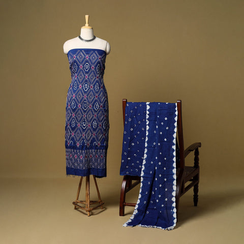 Blue - 3pc kutch tie-dye satin cotton bandhani unstitched