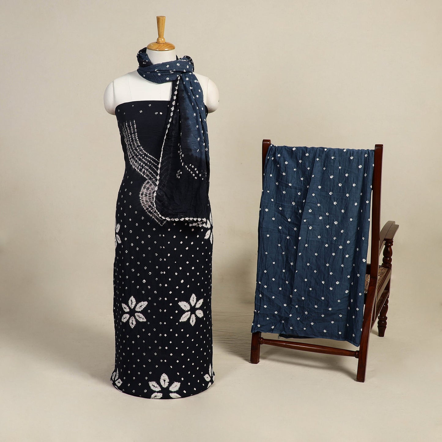 Blue 3pc Kutch Tie-Dye Satin Cotton Bandhani Dress Material