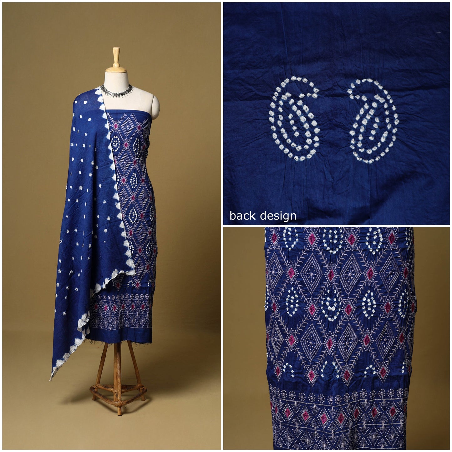 Blue - 3pc kutch tie-dye satin cotton bandhani unstitched