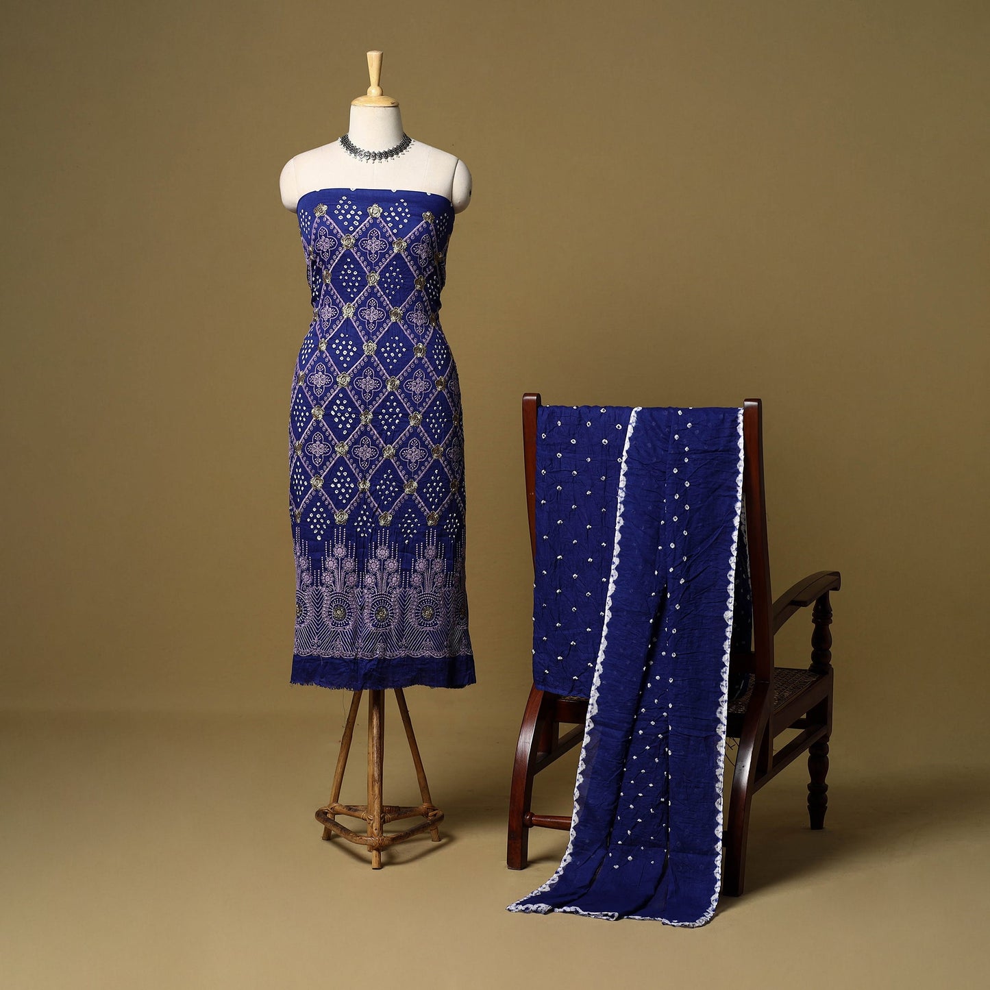 Blue - 3pc kutch tie-dye satin cotton bandhani unstitched