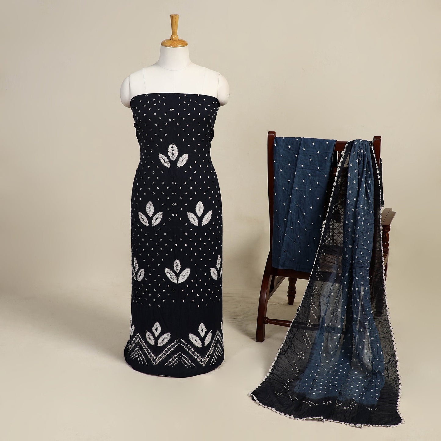 Blue 3pc Kutch Tie-Dye Satin Cotton Bandhani Dress Material