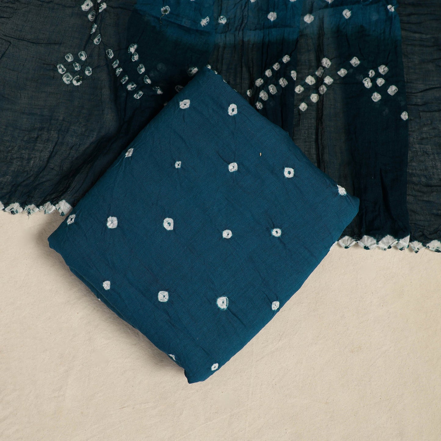 Blue 3pc Kutch Tie-Dye Satin Cotton Bandhani Dress Material