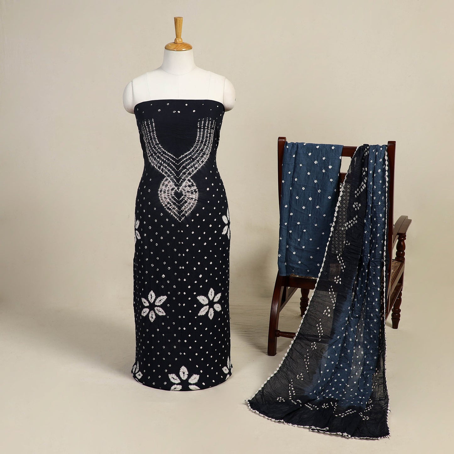 Blue 3pc Kutch Tie-Dye Satin Cotton Bandhani Dress Material