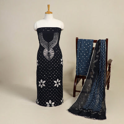 Blue 3pc Kutch Tie-Dye Satin Cotton Bandhani Dress Material