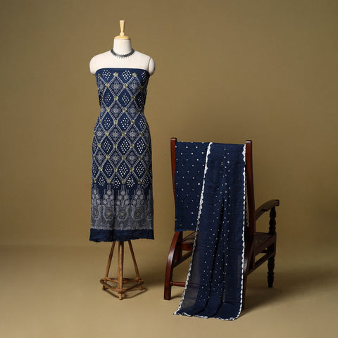 Blue - 3pc kutch tie-dye satin cotton bandhani unstitched