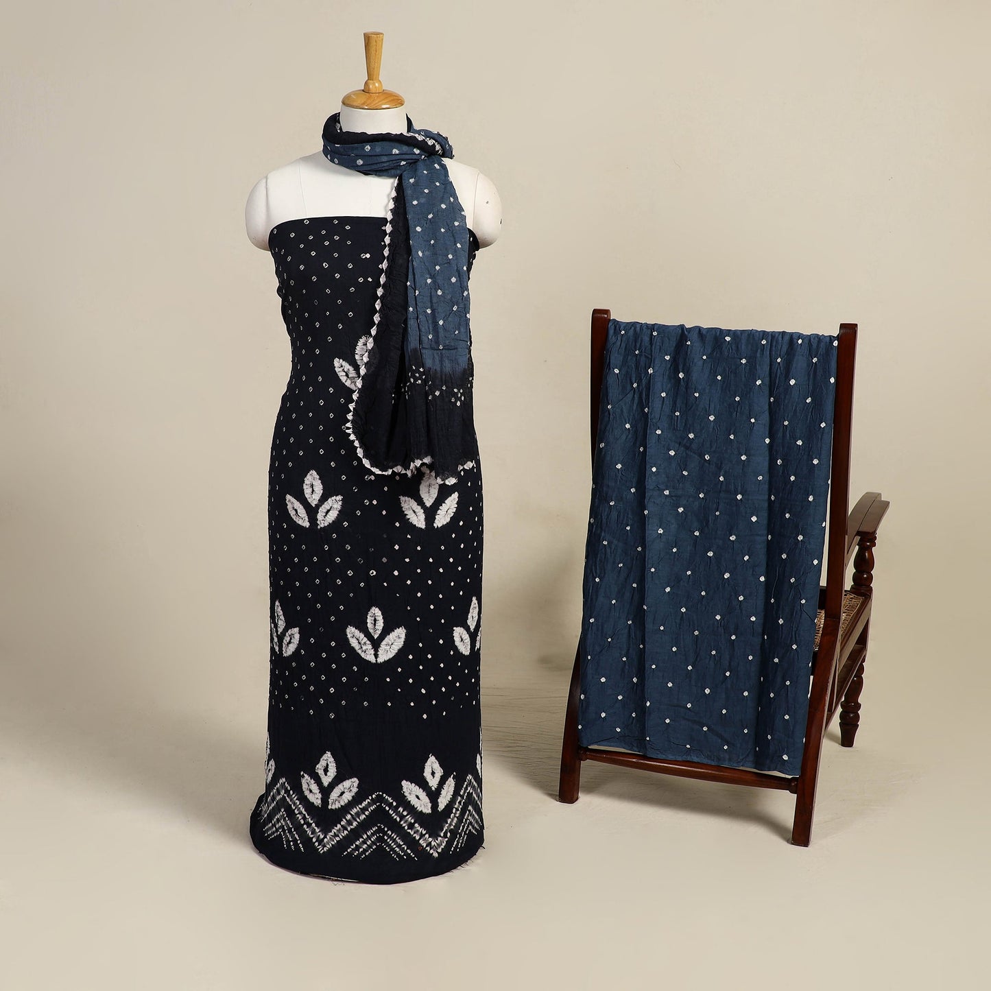 Blue 3pc Kutch Tie-Dye Satin Cotton Bandhani Dress Material