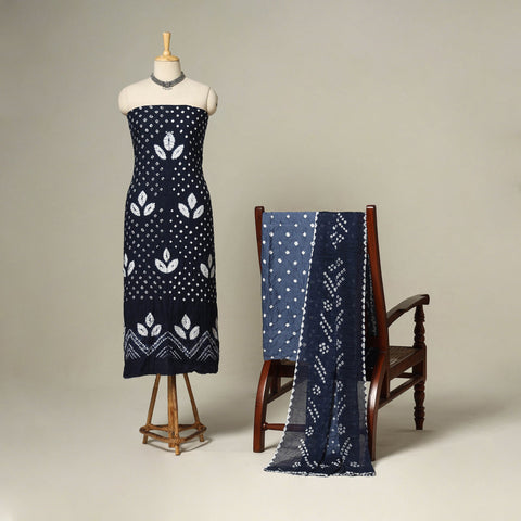 Blue - 3pc kutch tie-dye satin cotton unstitched bandhani