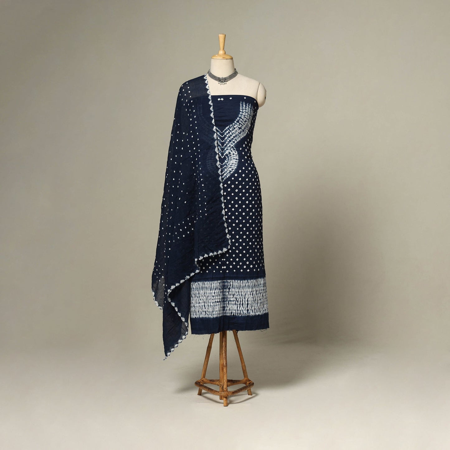 Blue - 3pc kutch tie-dye satin cotton unstitched bandhani