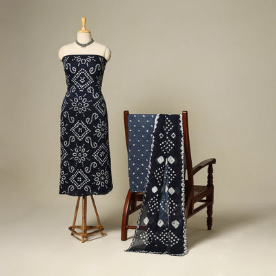 Blue - 3pc kutch tie-dye satin cotton unstitched bandhani