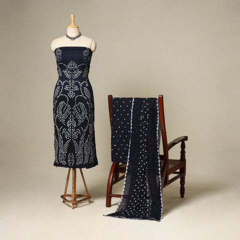 Blue - 3pc kutch tie-dye satin cotton unstitched bandhani