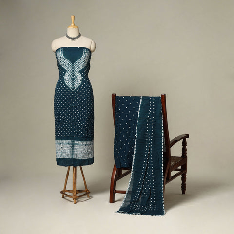 Blue - 3pc kutch tie-dye satin cotton unstitched bandhani