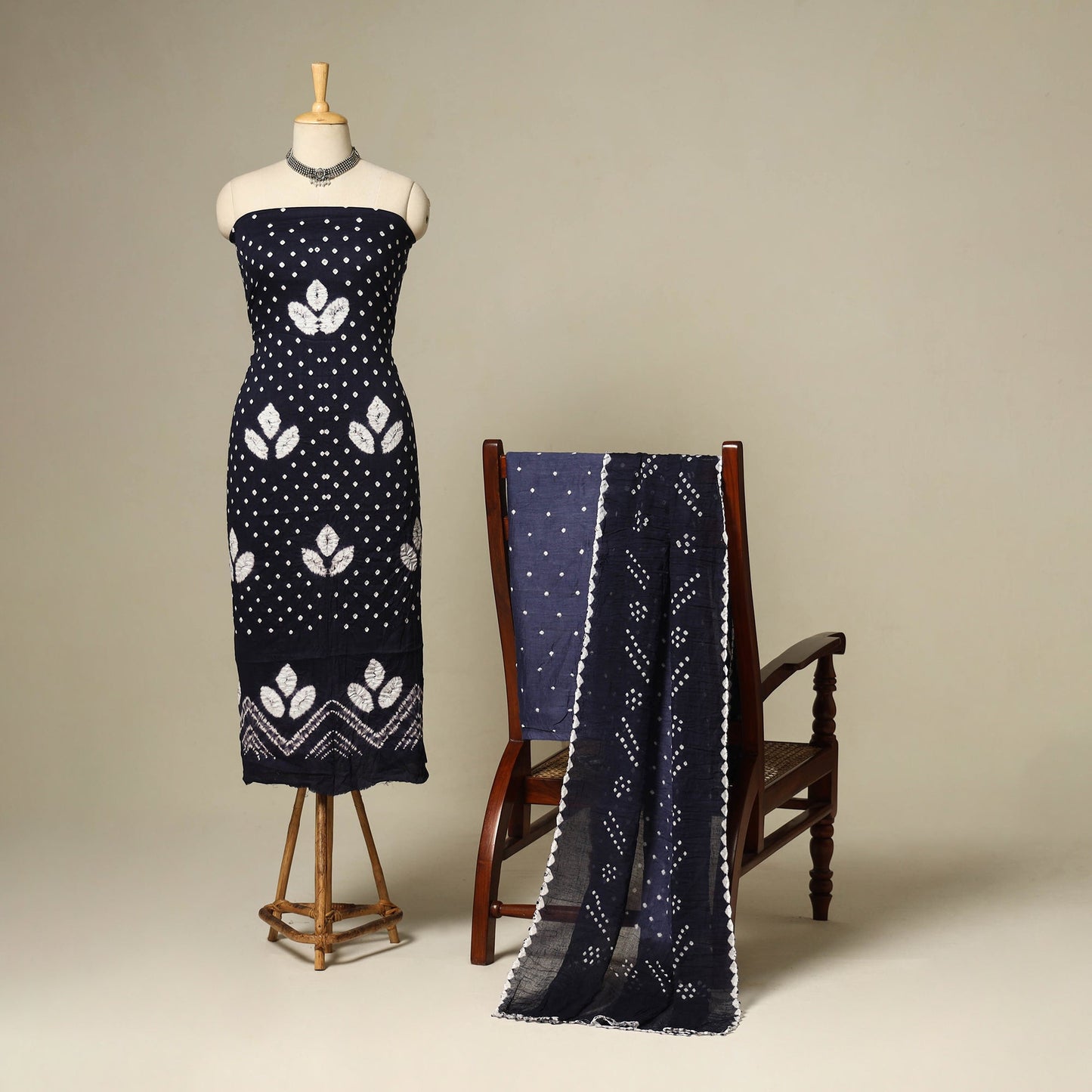 Blue - 3pc kutch tie-dye satin cotton unstitched bandhani