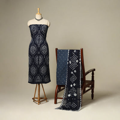 Blue - 3pc kutch tie-dye satin cotton unstitched bandhani