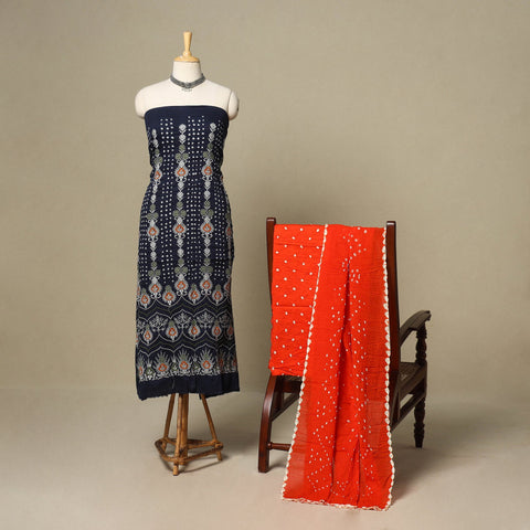 Blue - 3pc kutch tie-dye satin cotton unstitched bandhani