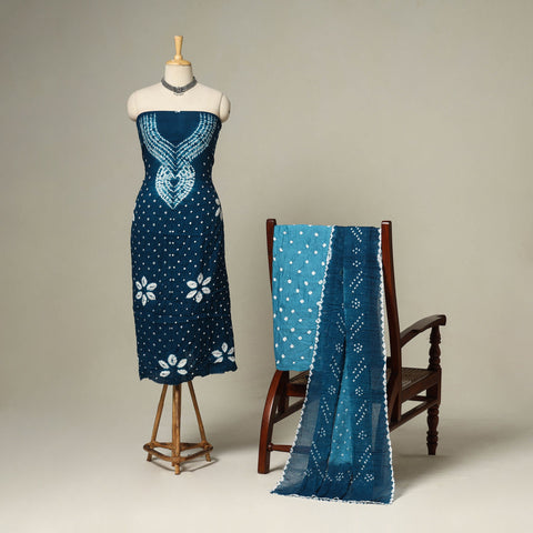 Blue - 3pc kutch tie-dye satin cotton unstitched bandhani