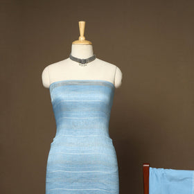 Blue - 3pc linen silk handloom unstitched plain dress