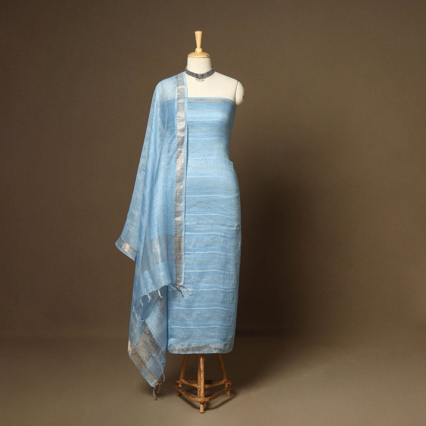 Blue - 3pc linen silk handloom unstitched plain dress