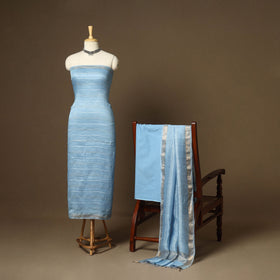 Blue - 3pc linen silk handloom unstitched plain dress