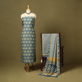 Blue 3pc Maheshwari Silk Unstitched Bagh Print Dress Material