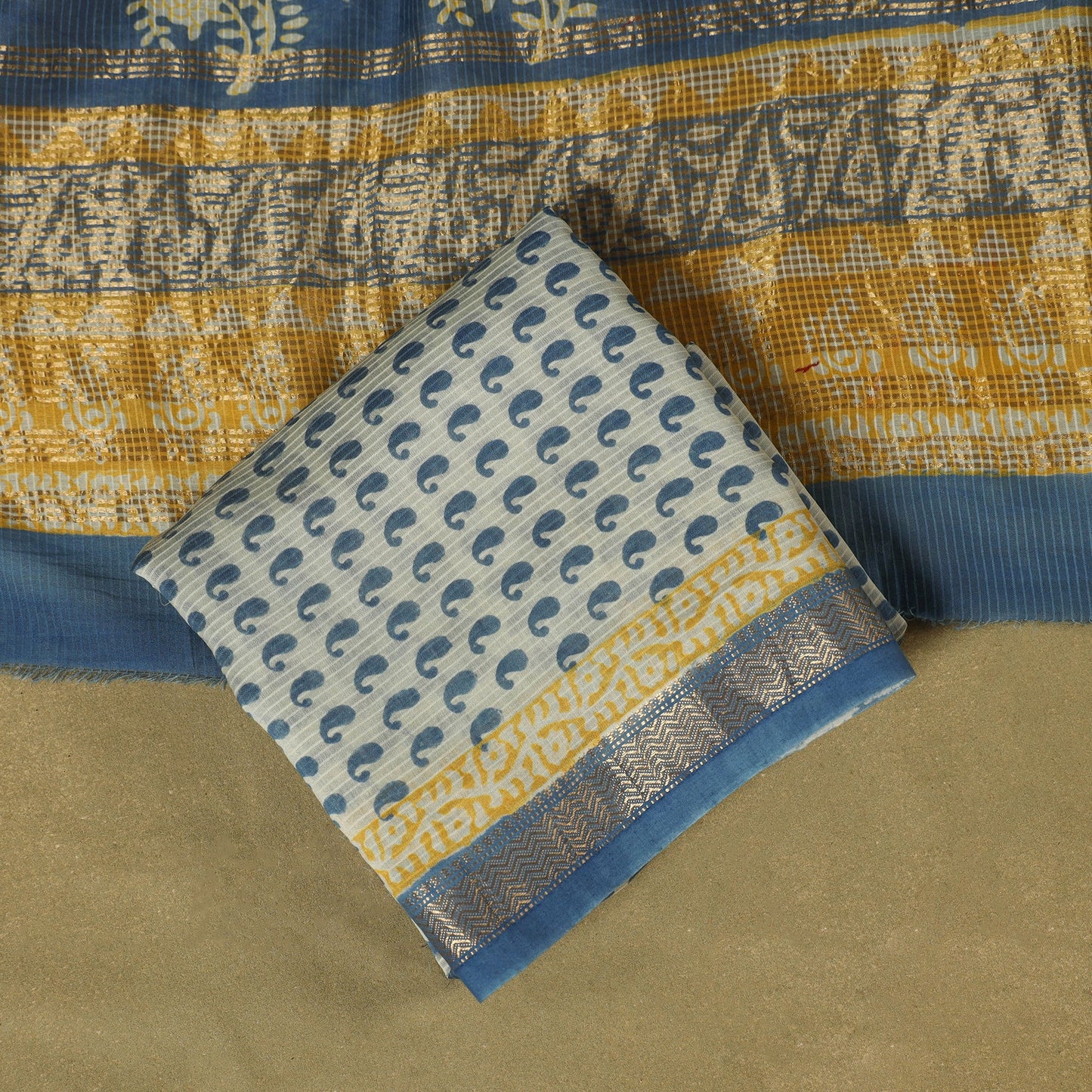 Blue 3pc Maheshwari Silk Unstitched Bagh Print Dress Material