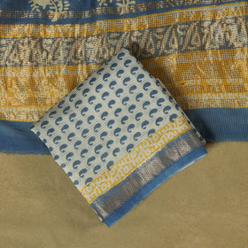 Blue 3pc Maheshwari Silk Unstitched Bagh Print Dress Material