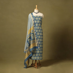 Blue 3pc Maheshwari Silk Unstitched Bagh Print Dress Material