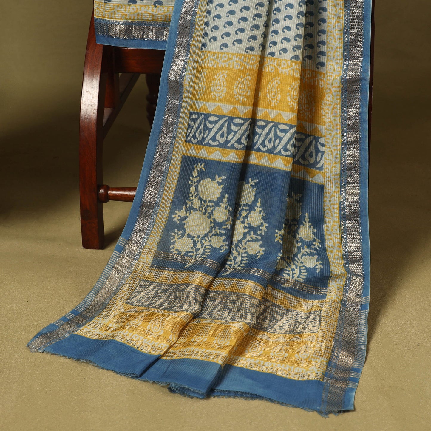 Blue 3pc Maheshwari Silk Unstitched Bagh Print Dress Material