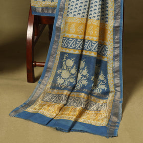 Blue 3pc Maheshwari Silk Unstitched Bagh Print Dress Material
