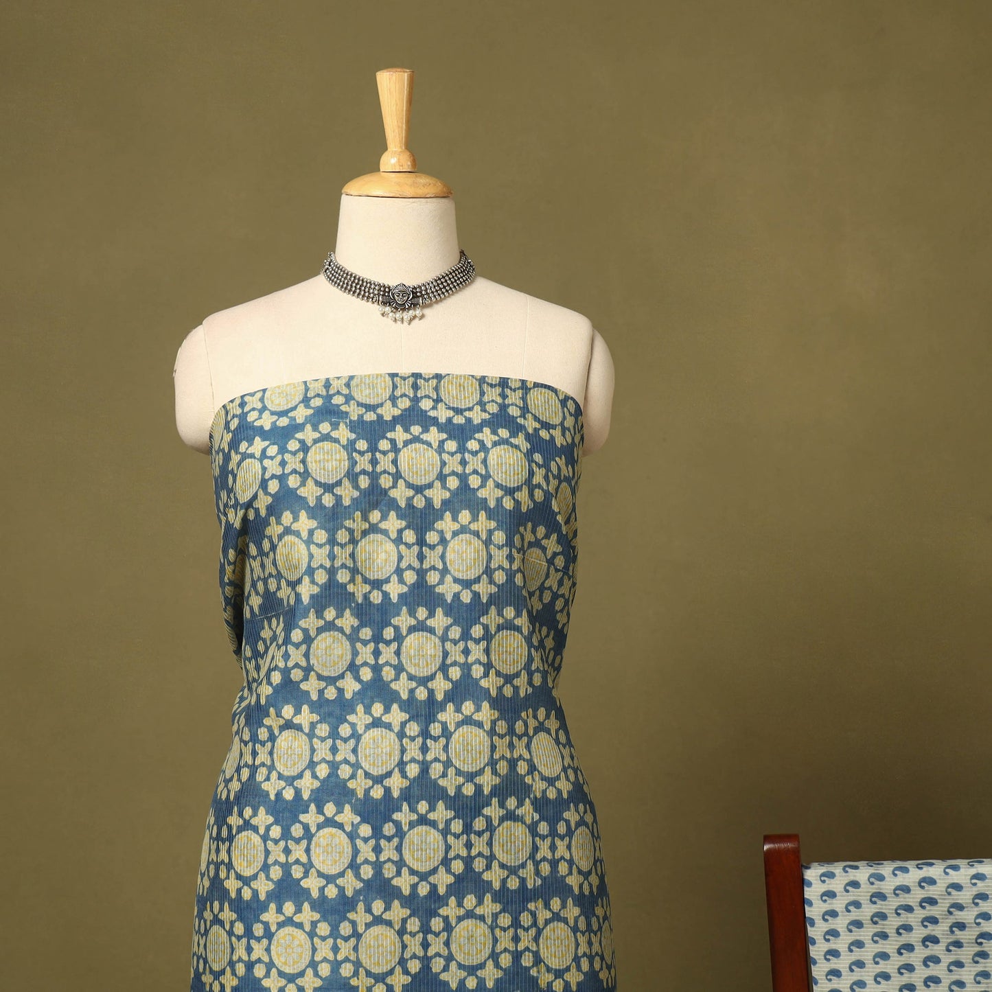 Blue 3pc Maheshwari Silk Unstitched Bagh Print Dress Material