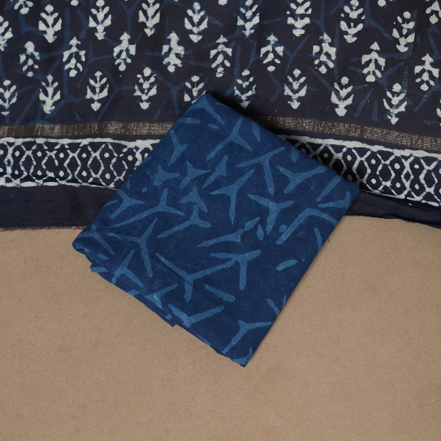 3pc maheshwari silk unstitched indigo hand bagru dress