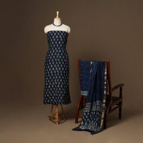 3pc maheshwari silk unstitched indigo hand bagru dress