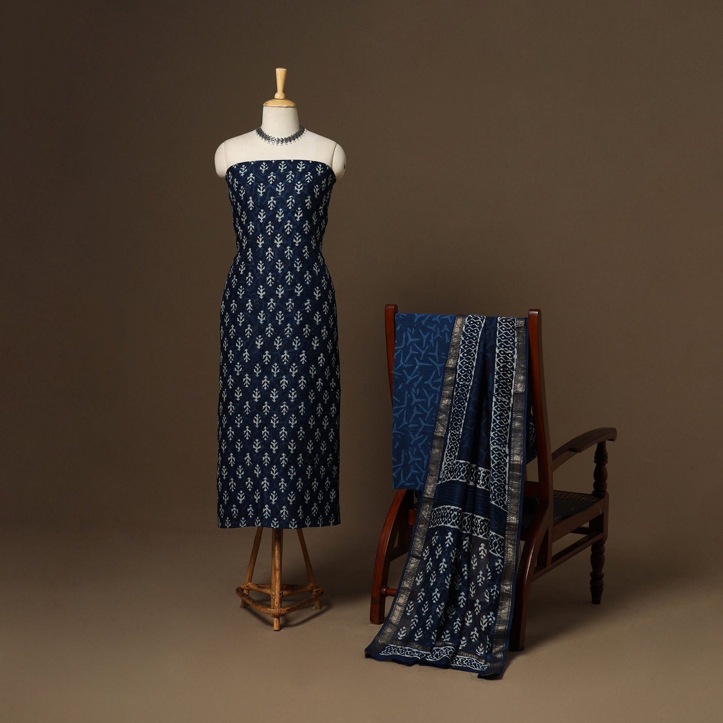 3pc maheshwari silk unstitched indigo hand bagru dress