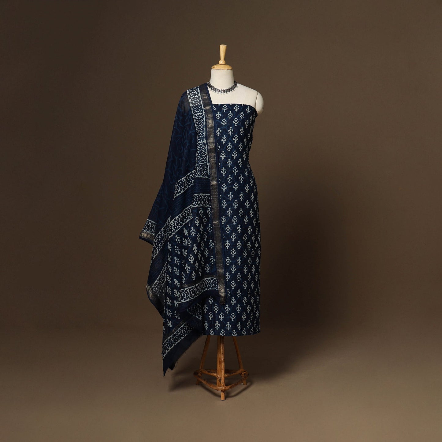 3pc maheshwari silk unstitched indigo hand bagru dress