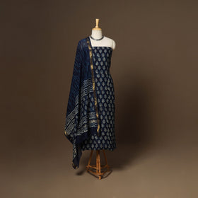 3pc maheshwari silk unstitched indigo hand bagru dress