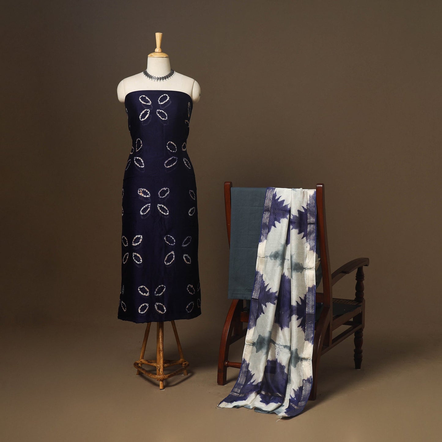 3pc maheshwari silk unstitched tie-dye shibori dress