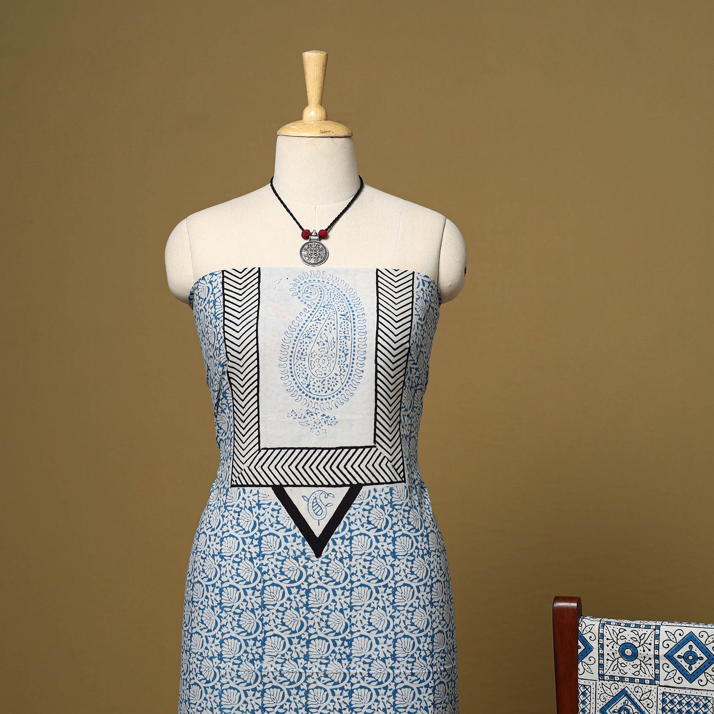 Blue - 3pc natural dyed cotton unstitched bagh dress