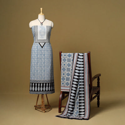 Blue - 3pc natural dyed cotton unstitched bagh dress