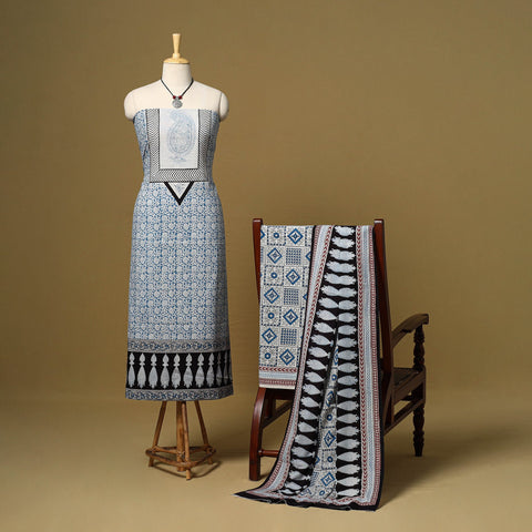 Blue - 3pc natural dyed cotton unstitched bagh dress