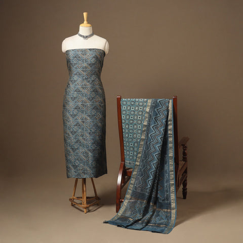 Blue 3pc Natural Dyed Maheshwari Silk Unstitched Vanaspati Jahota Dress Material