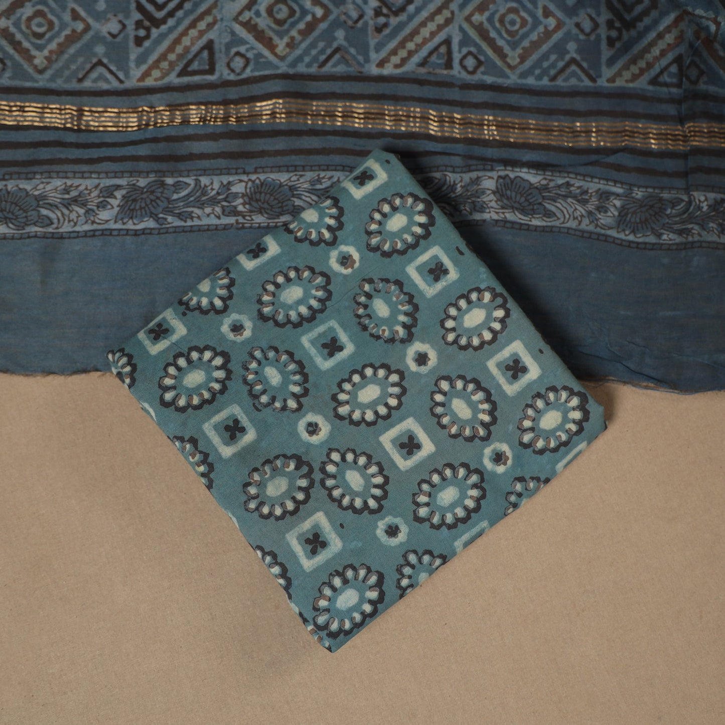 Blue 3pc Natural Dyed Maheshwari Silk Unstitched Vanaspati Jahota Dress Material