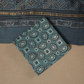 Blue 3pc Natural Dyed Maheshwari Silk Unstitched Vanaspati Jahota Dress Material