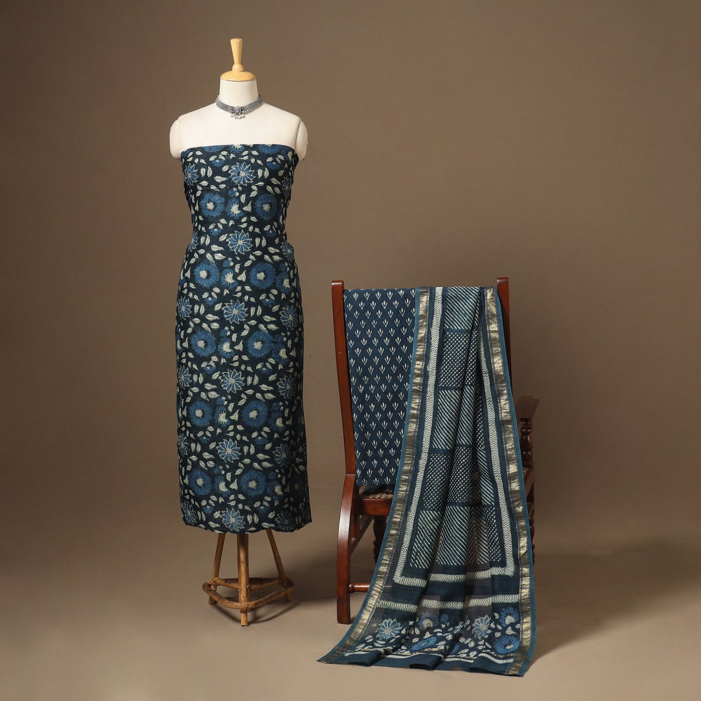 Blue 3pc Natural Dyed Maheshwari Silk Unstitched Vanaspati Jahota Dress Material