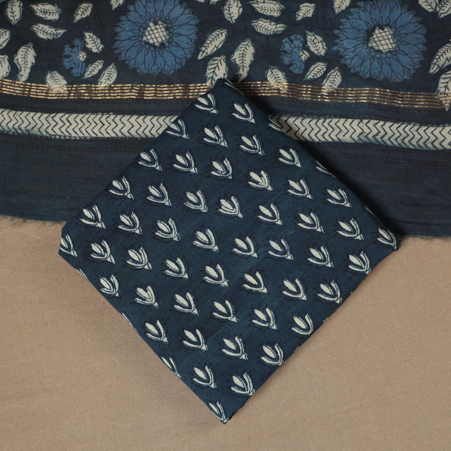 Blue 3pc Natural Dyed Maheshwari Silk Unstitched Vanaspati Jahota Dress Material